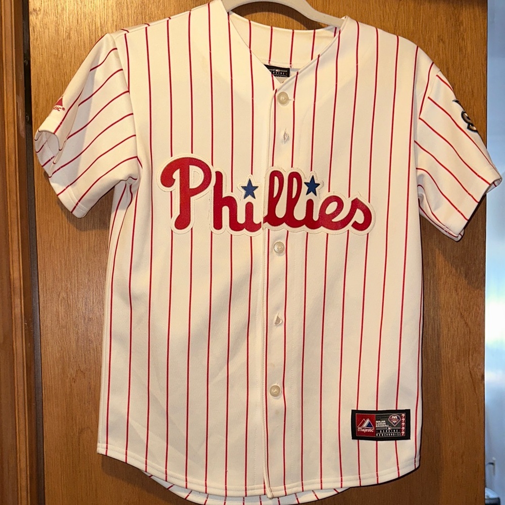 Majestic Phillies Youth Jersey in White and Red